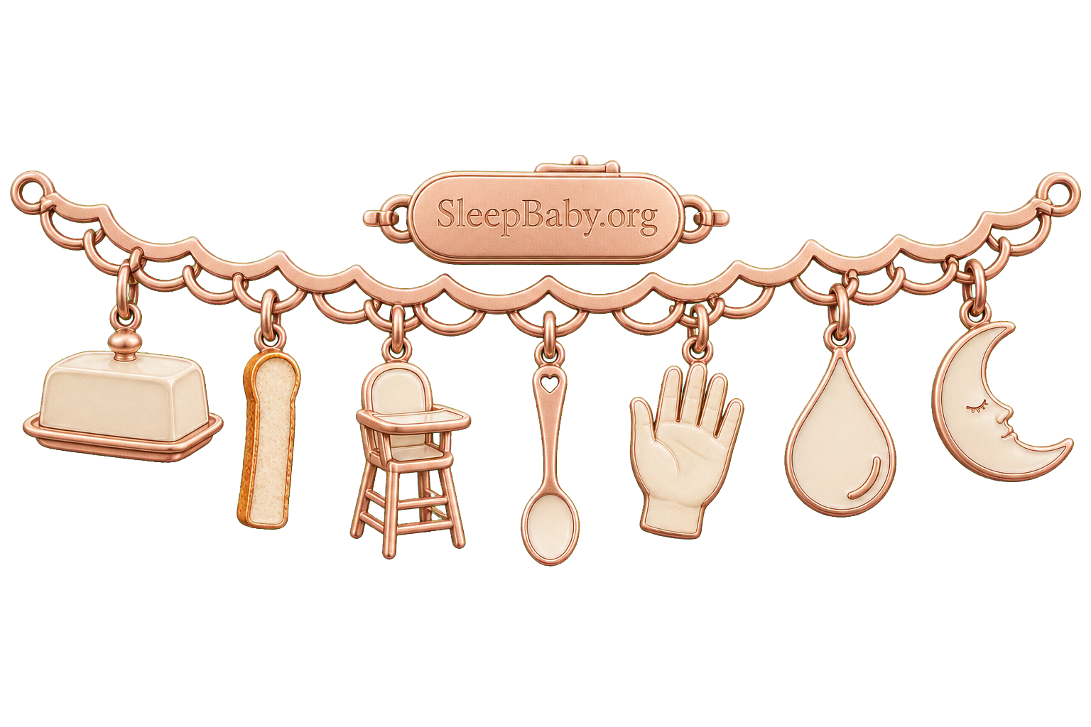 Seven charms show a closed butter dish, toast finger, high chair, readiness spoon, open hand, milk droplet and moon on a SleepBaby.org clasp.