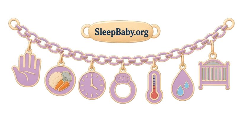 Seven charms show an open hand, daytime meal, clock, teething ring, thermometer, wet-diaper droplet and bare crib beneath a SleepBaby.org clasp.