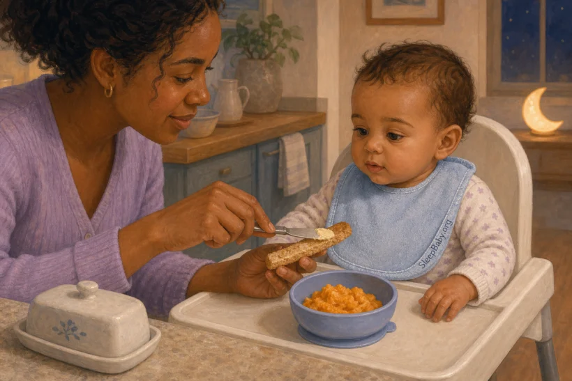 An attentive caregiver offers a small amount of butter on soft toast to an upright baby in a high chair, with a bowl of age-appropriate food nearby.