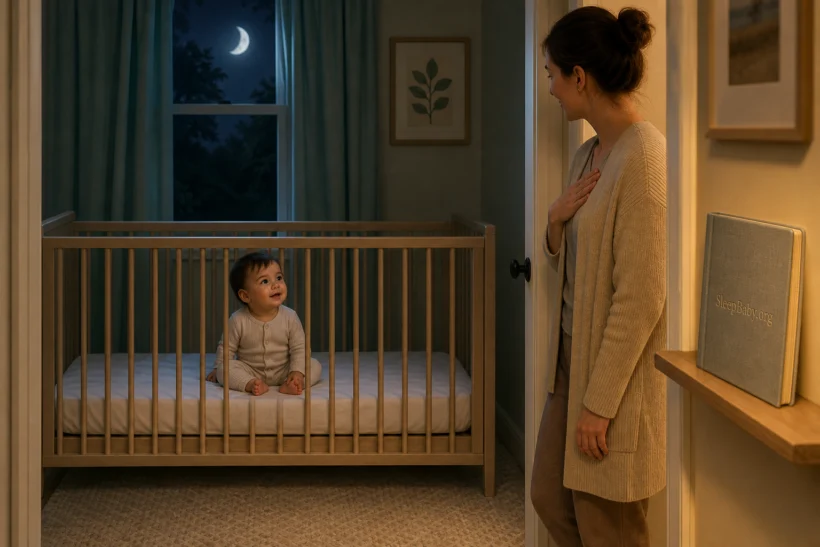 A caregiver returns calmly while an awake one-year-old settles inside a clear moonlit crib