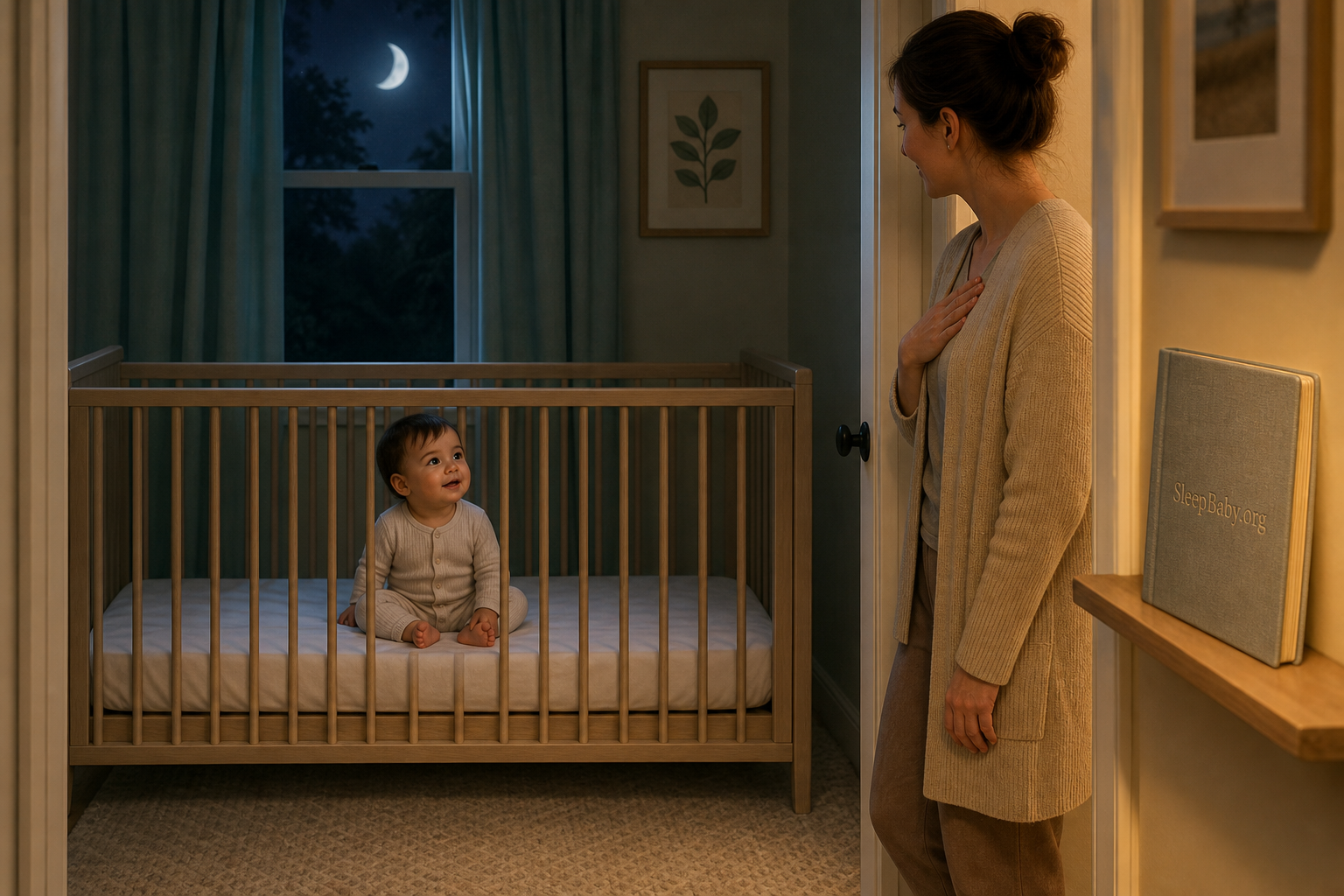 A caregiver returns calmly while an awake one-year-old settles inside a clear moonlit crib