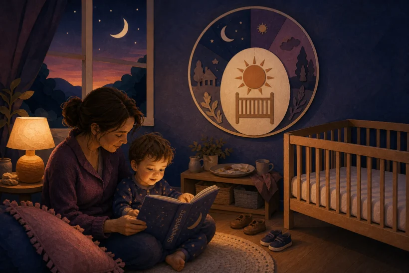 An awake toddler in pajamas reads with a caregiver at dusk beneath a one-nap day wheel beside an empty crib.