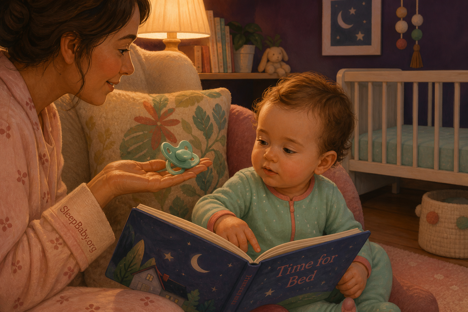 A caregiver offers a pacifier on an open palm while an awake baby freely turns toward a bedtime book.