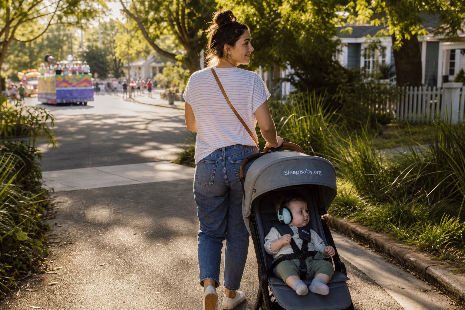 Caregiver pushes an awake settled baby away from a distant parade along a shaded quiet side street with no crowd bottleneck.