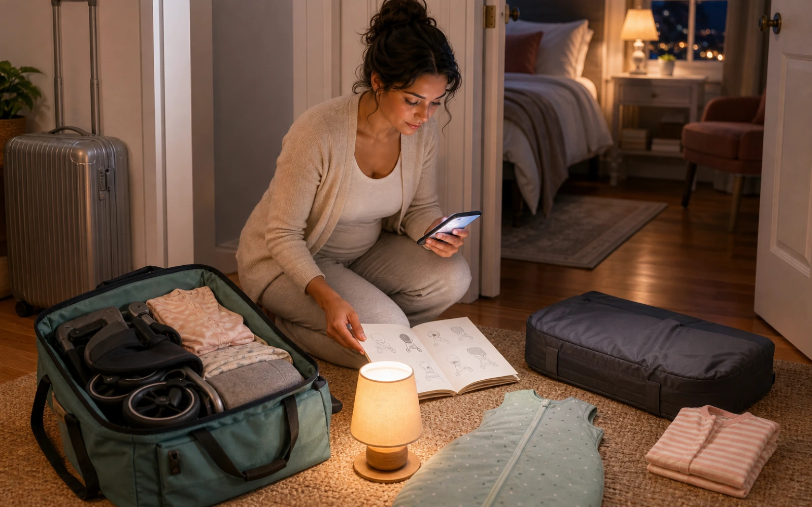 Folded YOYO stroller beside an open travel bag, sleep sack, product manual and separate portable bassinet bag in warm evening light