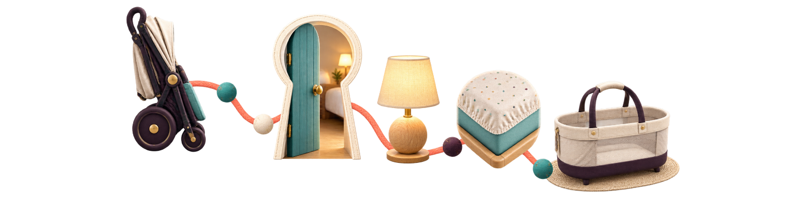 Transparent route rail from a folded stroller through a lit doorway to a fitted sheet and separate portable bassinet