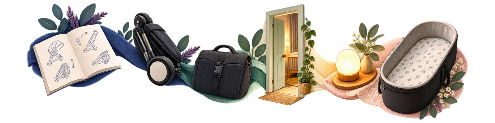 Transparent closing rail from a YOYO manual and folded stroller through a lit doorway to a bare portable bassinet