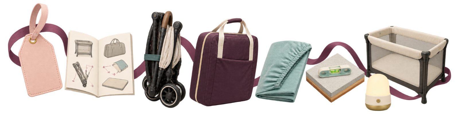 Transparent packing rail with a luggage tag, manual, folded stroller, separate bassinet bag, fitted sheet, level and nightlight