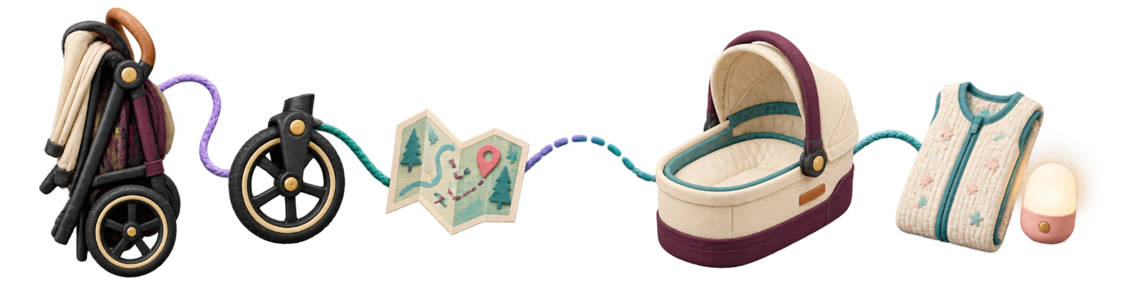 Transparent rail showing a folded travel stroller and map separated from a bare bassinet, sleep sack and nightlight