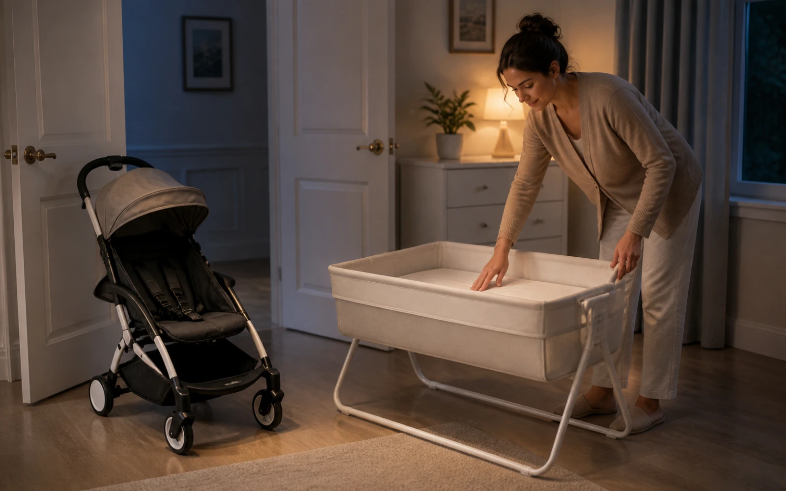 Parked YOYO stroller beside a separate bare freestanding infant bassinet on a level guest-room floor