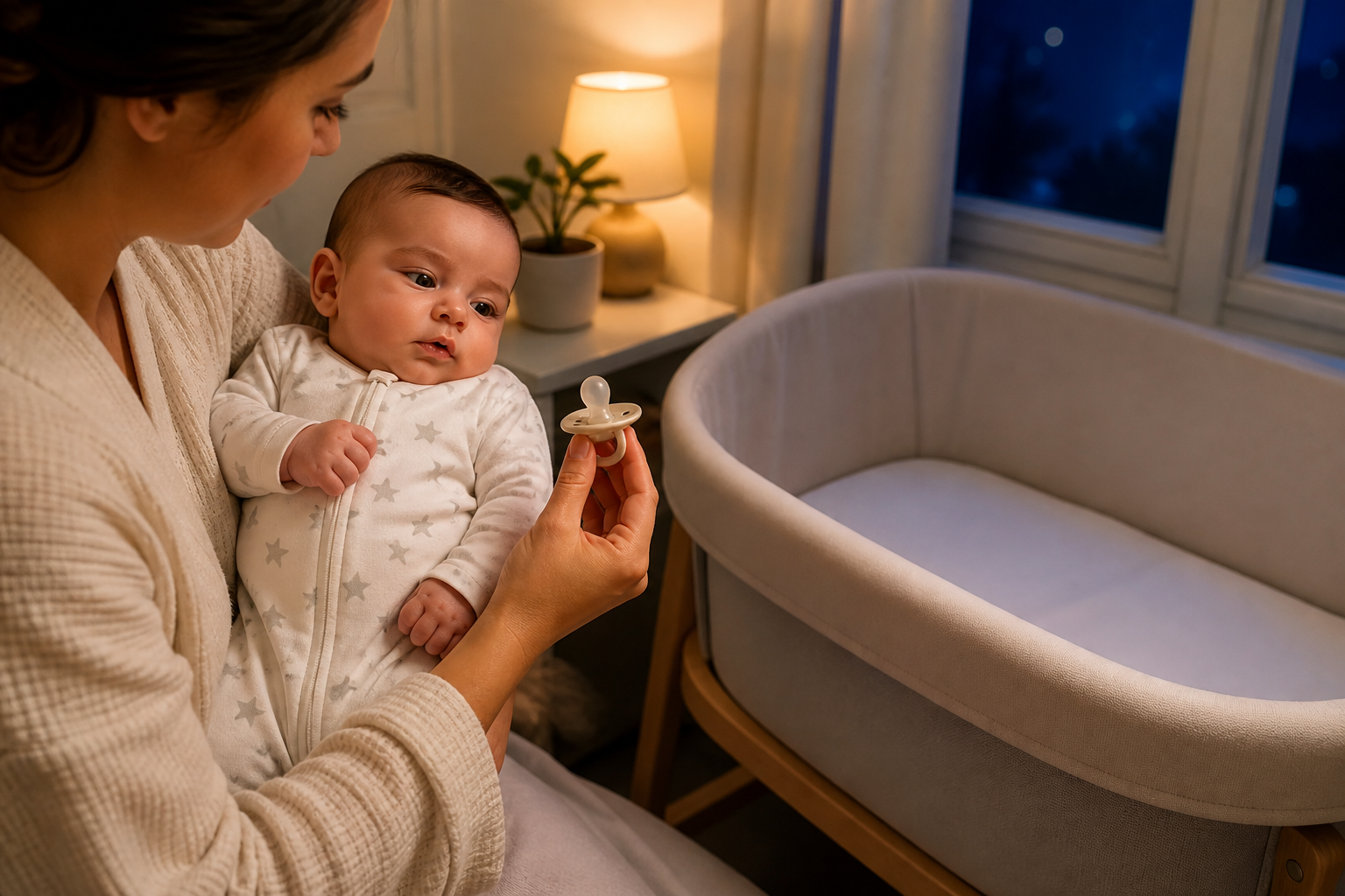 A caregiver offers an awake baby one standalone pacifier beside an empty bassinet at bedtime.