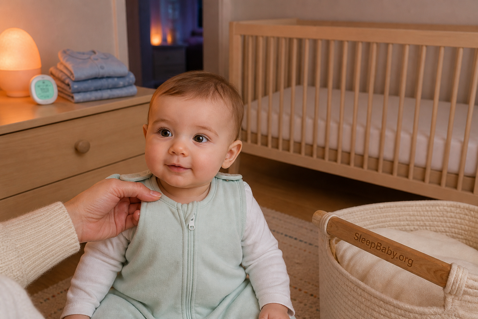 Complete the clear-cot reset Caregiver checks an awake baby's sleep-sack neckline beside room layers, a stored duvet and a completely clear crib