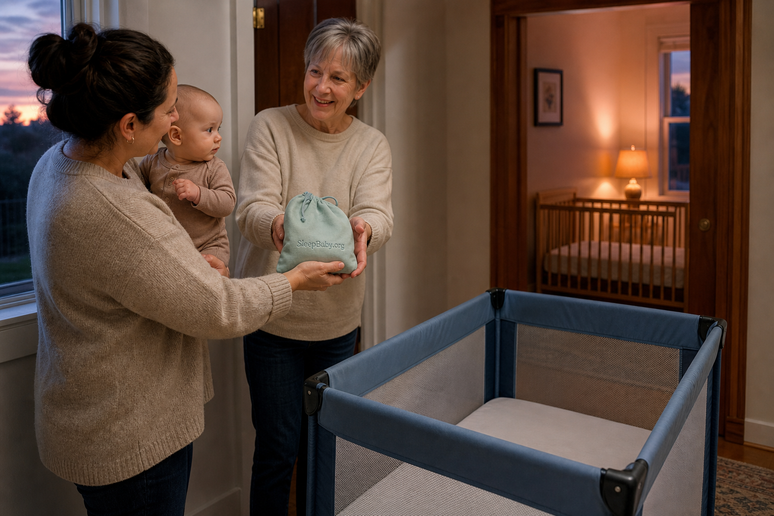 Carry the clear-cot plan across every sleep Caregivers hand over a labeled sleep-sack pouch beside a bare travel cot while another clear crib waits in the next room