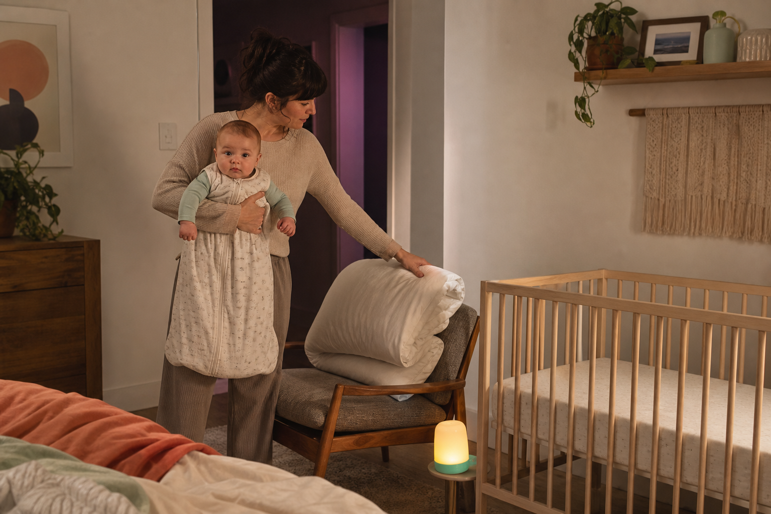Caregiver folds an adult duvet onto a chair while holding an awake baby beside a completely clear crib