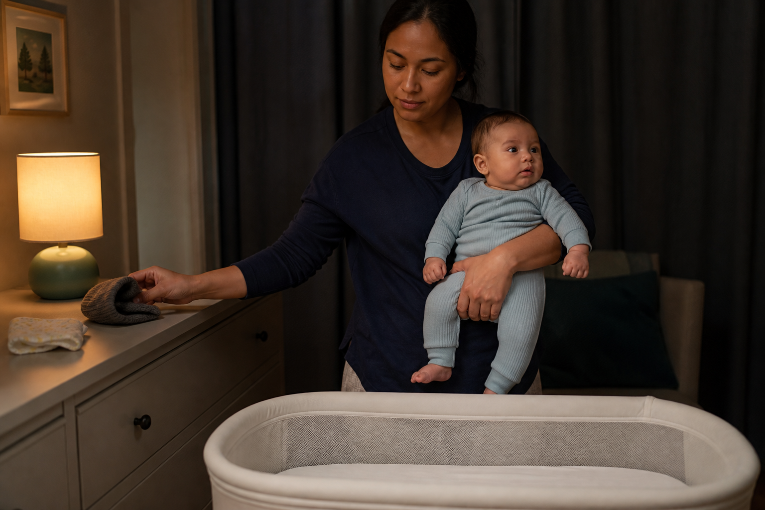 Caregiver places a knit hat on a dresser beside a bare bassinet before baby's nighttime transfer