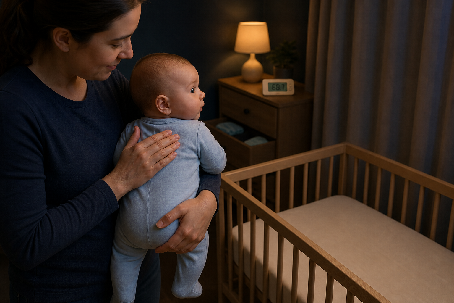 Caregiver checks baby's upper back beside a bare crib and room thermometer