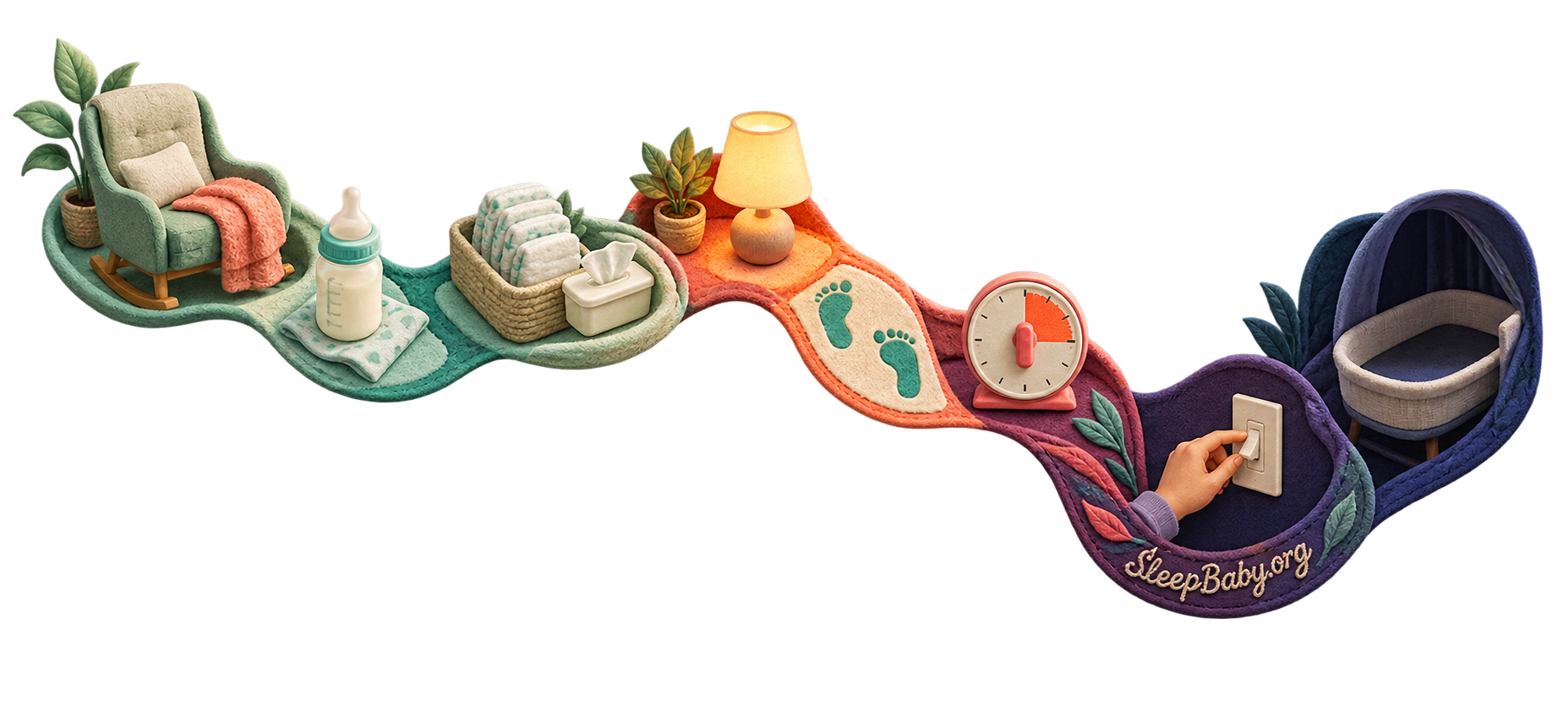 A teaching rail connects a feeding chair, prepared diaper supplies, low lamp, clear path, timer, switch-off, and dark empty bassinet.
