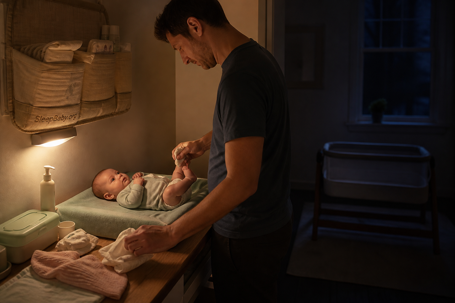 A caregiver changes an awake baby under a small amber wall light while the prepared supplies are close and an empty bassinet stays dark.