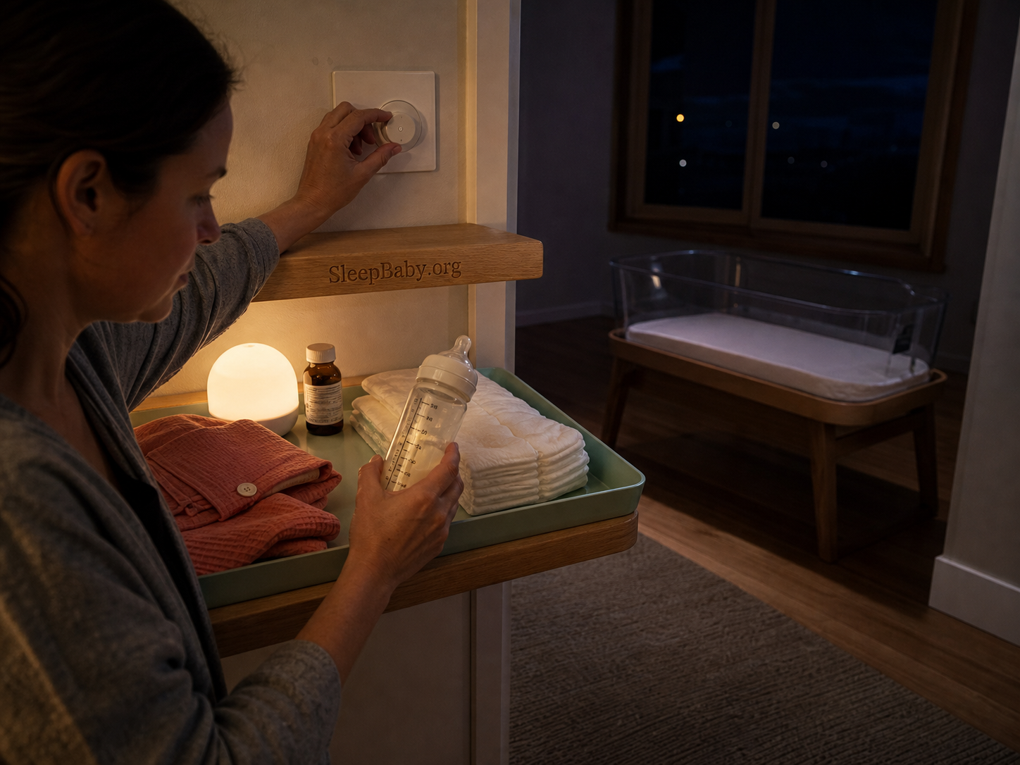 A caregiver lowers a dimmer while bottle marks and diapers remain visible at a care station, with an empty bassinet beyond the light.