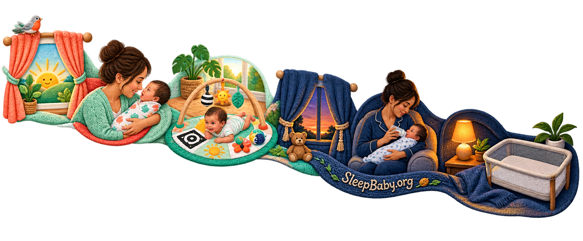 A textile rail links open morning curtains and supported daytime care to a dim night feed and a clear empty bassinet.