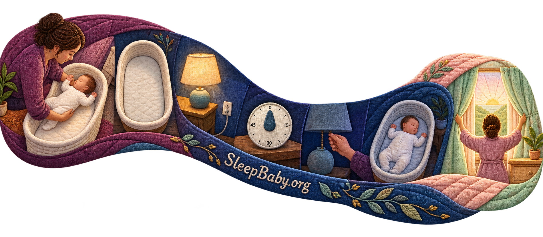 A quilted safety rail moves from back placement on a clear surface through an out-of-reach lamp, timer, switch-off, back sleep, and dawn.