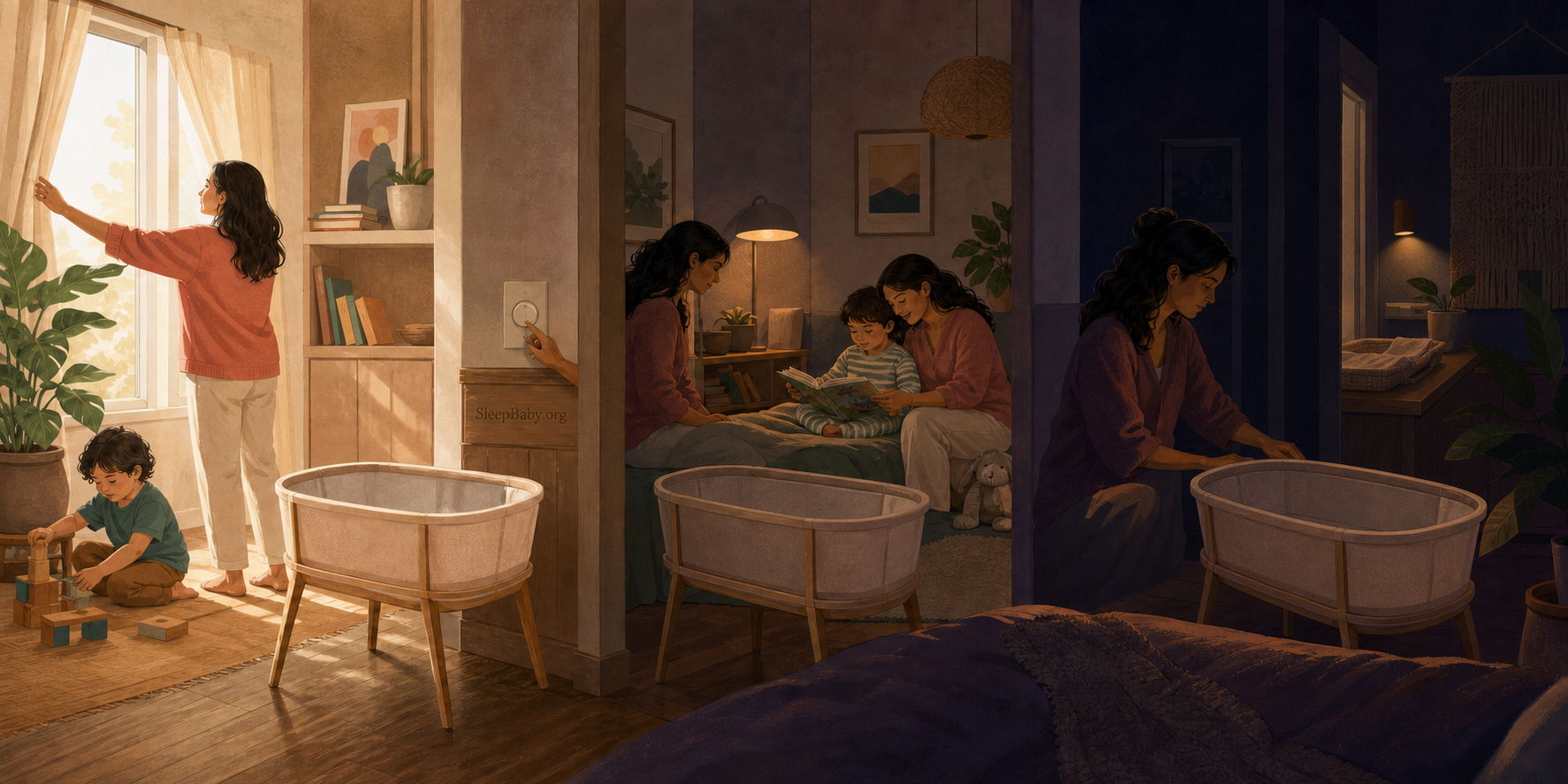 One home shifts from open daytime curtains to dim bedtime reading and a localized overnight care light beside a clear empty bassinet.