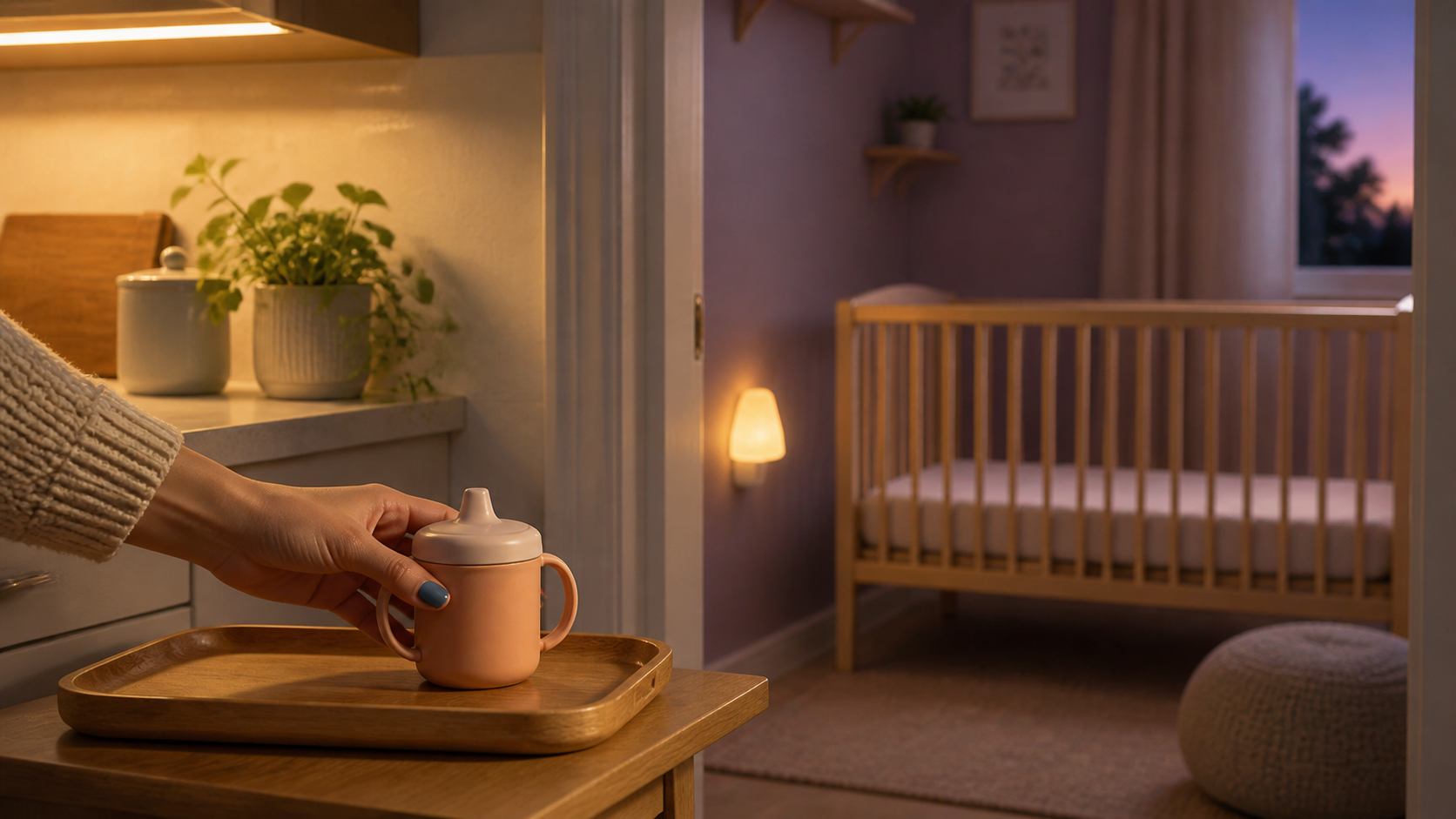 Caregiver parks a handled sippy cup on a kitchen tray outside a nursery with an empty crib and glowing nightlight.