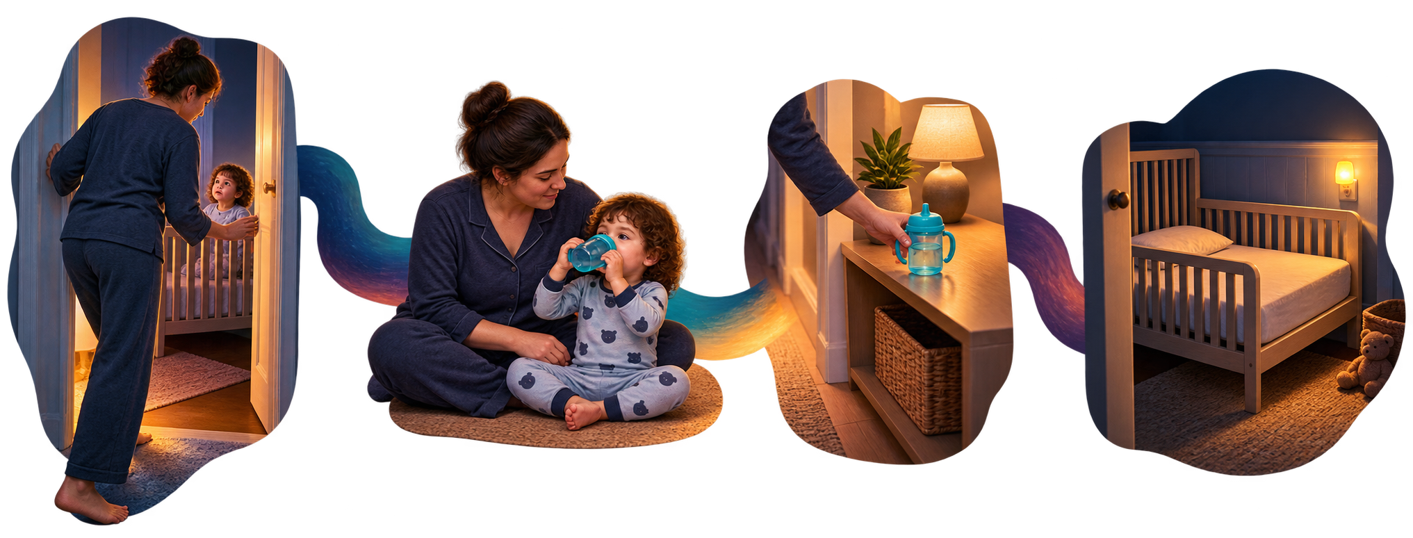 A calm night response moves from reassurance and one upright water sip to a cup parked outside the quiet bedroom.