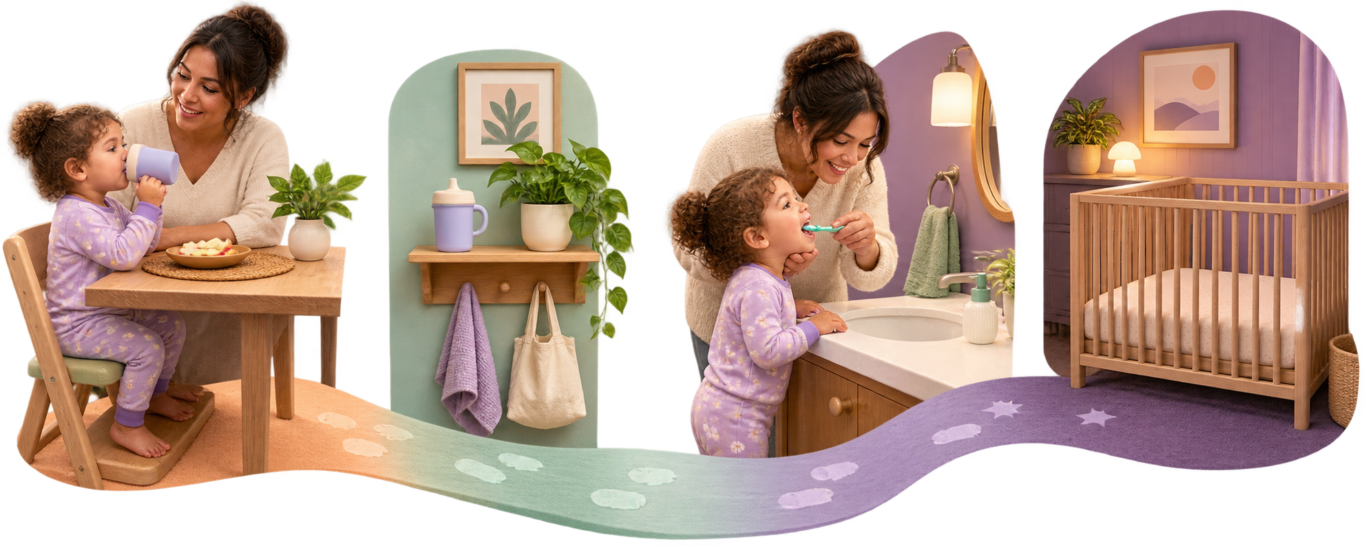 A caregiver guides one upright sip, cup parking, and toothbrushing before an empty crib becomes the final cue.