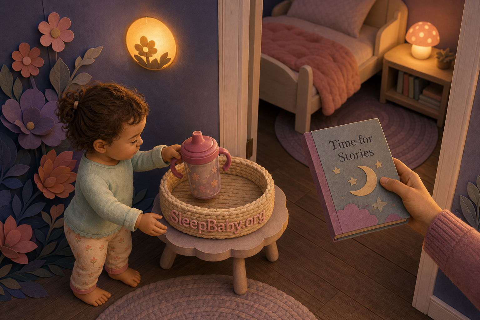 A toddler parks a handled cup in a woven basket while a caregiver offers a bedtime story beside a cup-free bedroom.