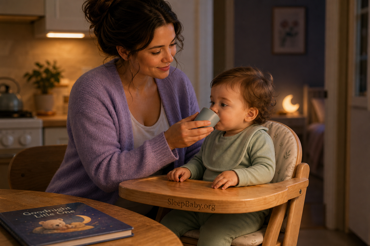 An awake baby takes a supervised sip from a tiny cup while a bedtime book and dim nursery light wait nearby.