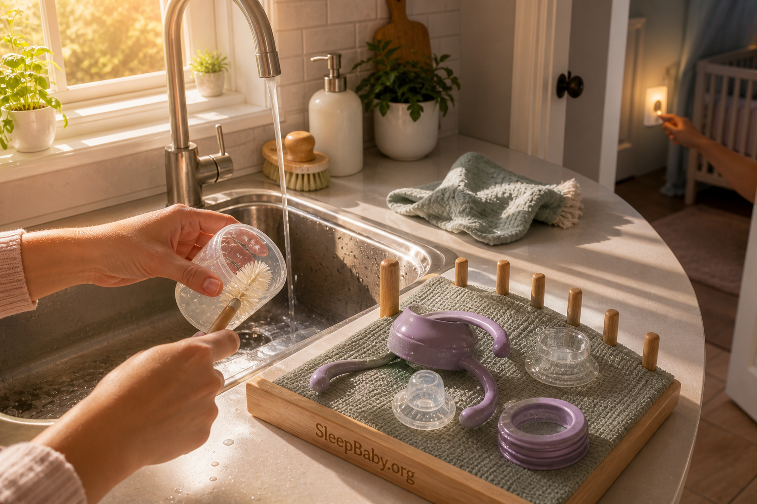 A caregiver washes a disassembled handled cup at a sunny sink while switching off the nursery nightlight after sleep.