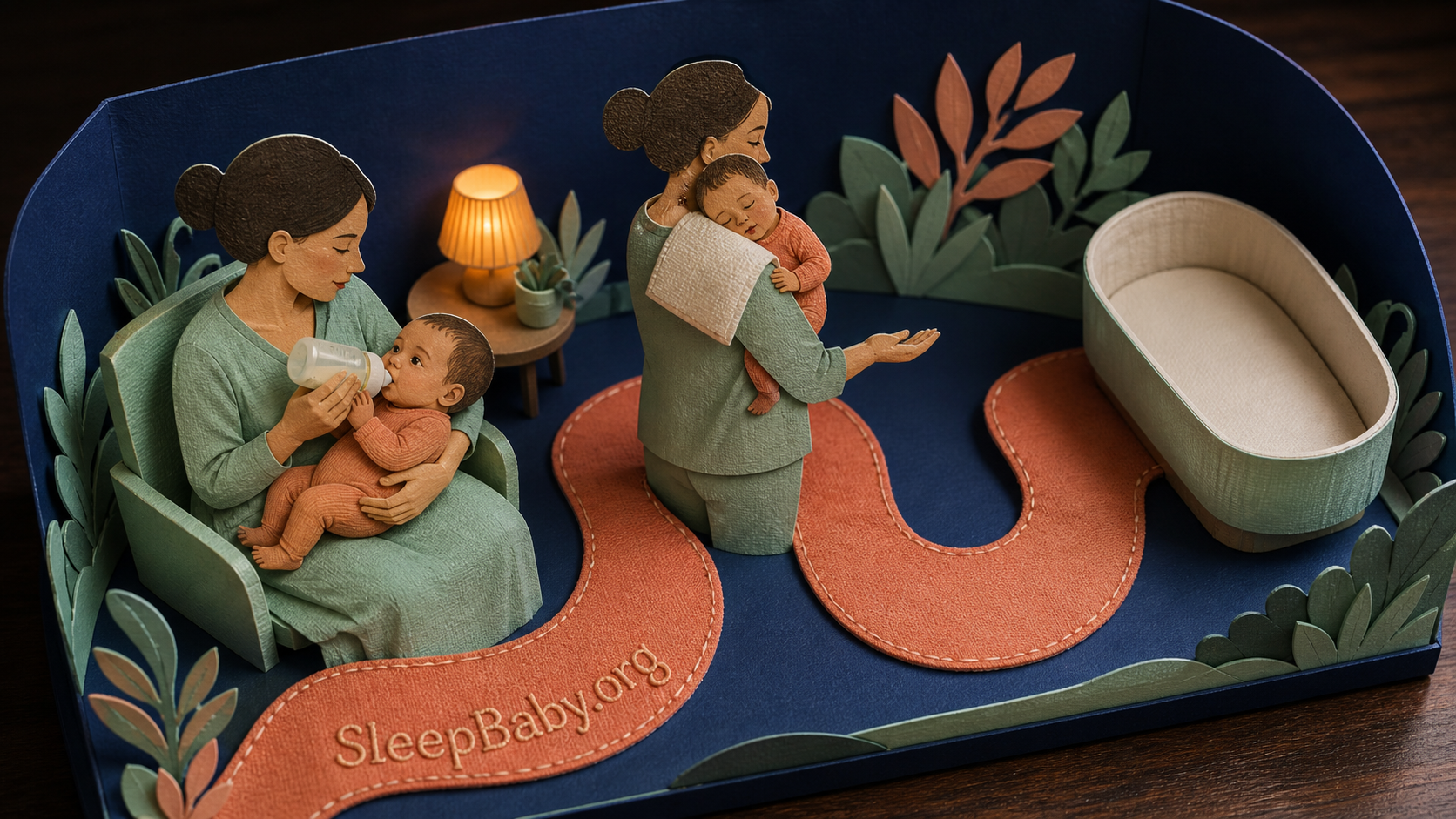 A cut-paper pathway links paced feeding, a supported shoulder pause, and the prepared flat bassinet.