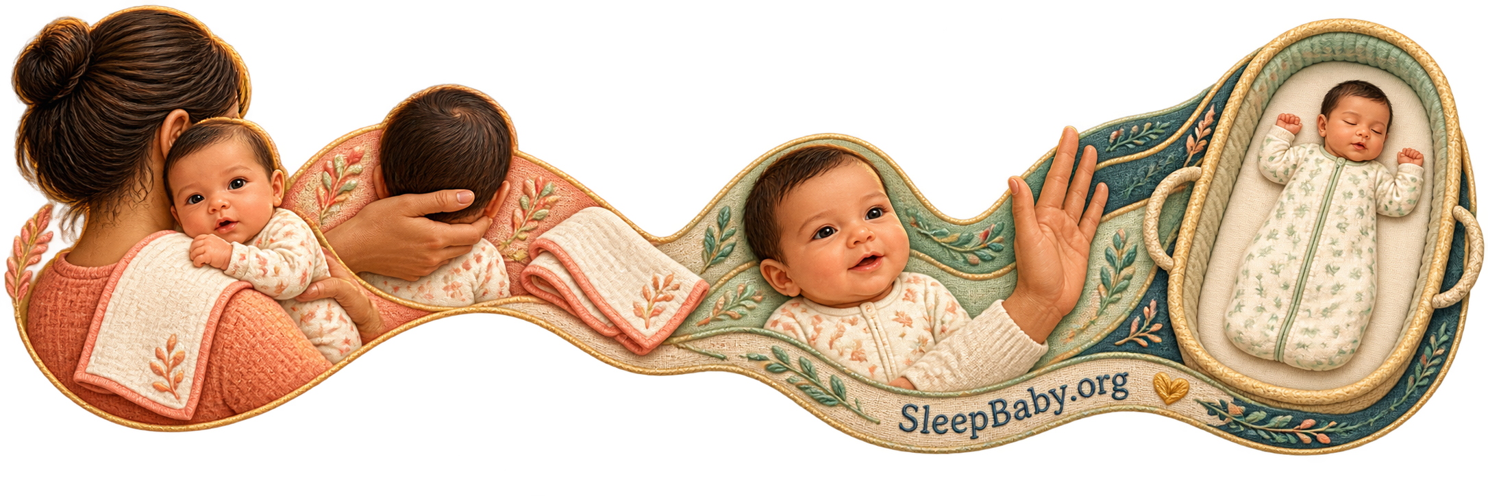 A transparent rail moves from supported shoulder care and a burp cloth to an open hand and clear bassinet.