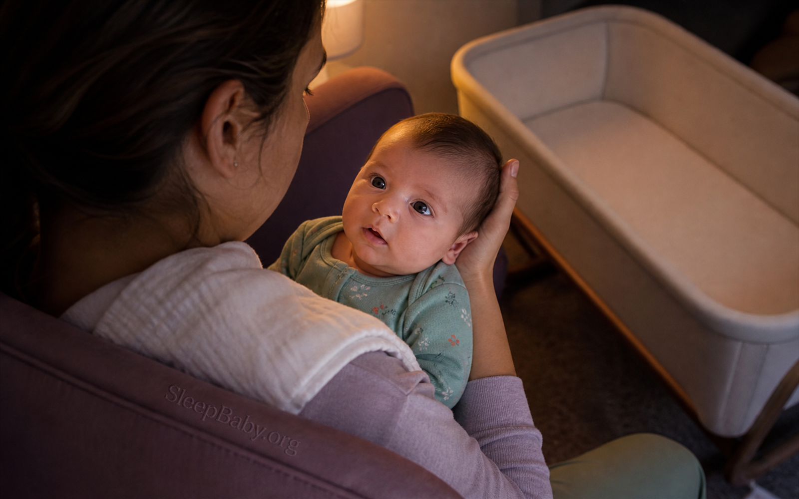 An awake baby makes eye contact while held upright against a caregiver’s shoulder after a feed, with a burp cloth on the adult and an empty flat bassinet nearby.