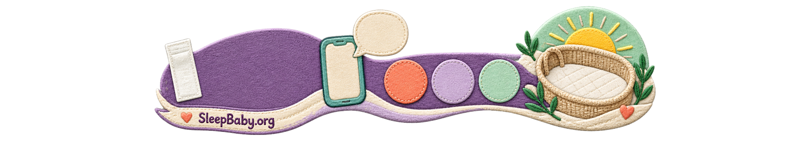 Transparent SleepBaby textile rail links an unreadable sachet, phone and speech bubble, three observation beads, and an empty bassinet under a dawn cue.