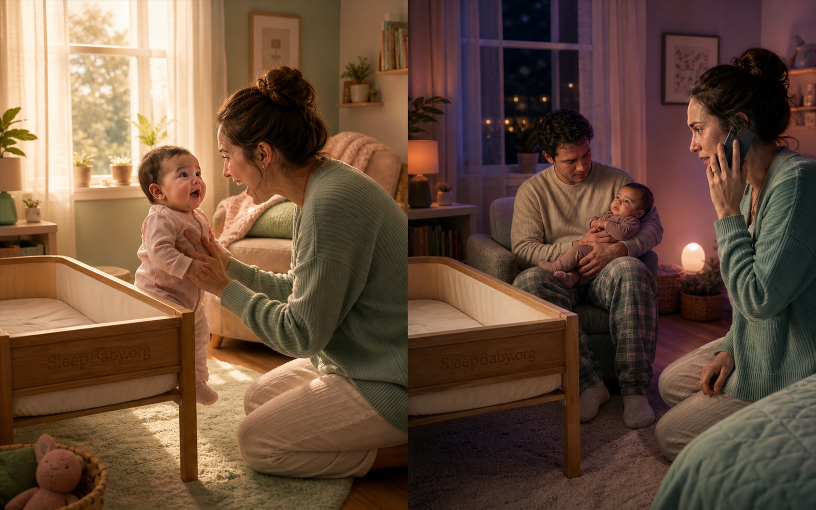 Two connected nursery moments show a normally alert baby greeting a caregiver by day and a caregiver calmly phoning while another adult holds an awake baby at night, with the same empty flat bassinet in both scenes.