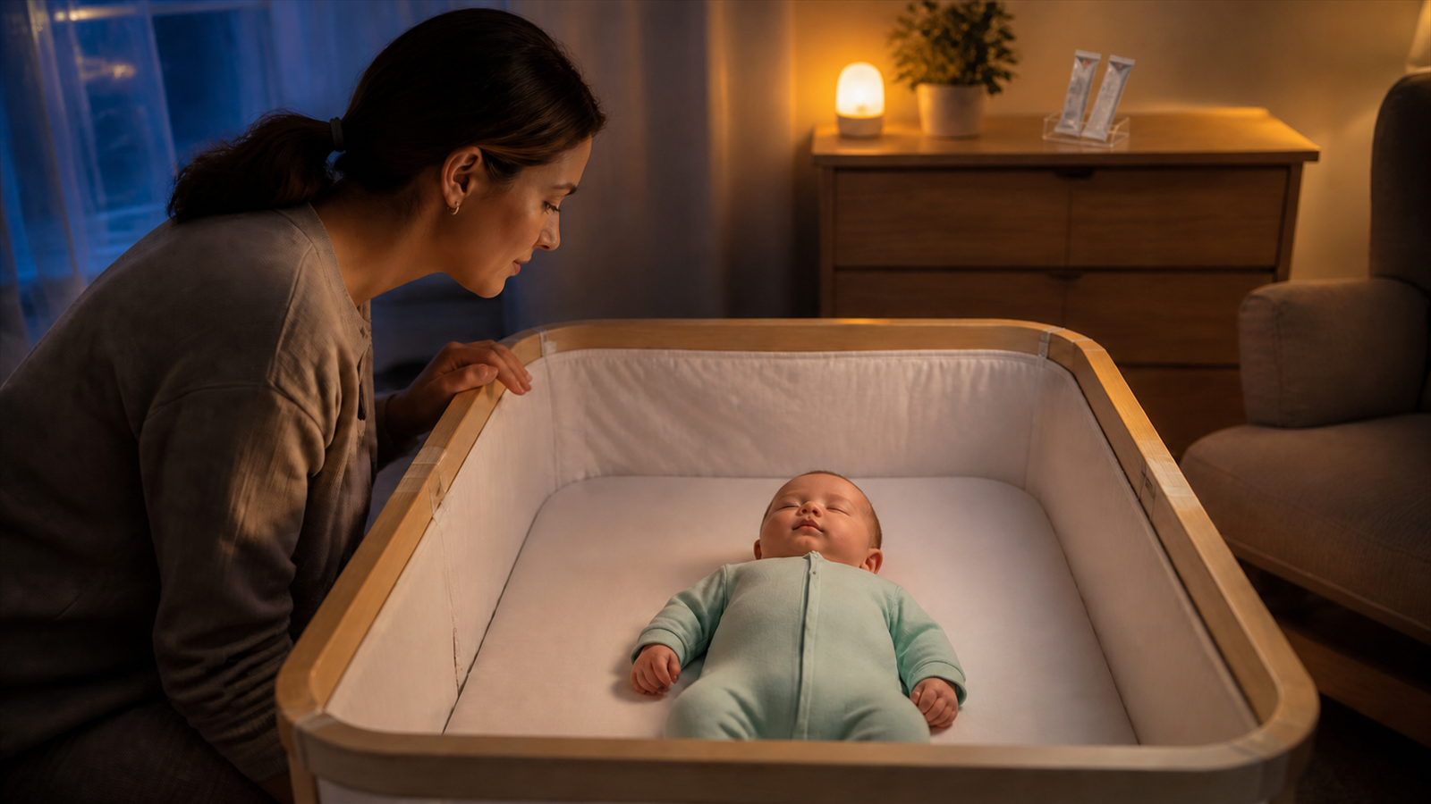 Caregiver watches a baby sleeping on their back in a firm flat bassinet while two unreadable medicine sachets remain on a distant dresser.