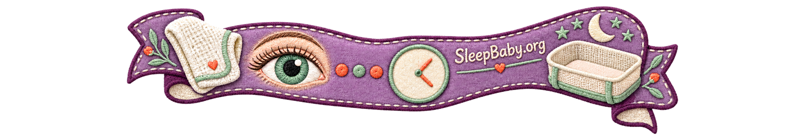 Transparent SleepBaby textile rail links a feed cloth, attentive eye, three observation dots, symbol-only clock, and empty bassinet for the next-wake check.