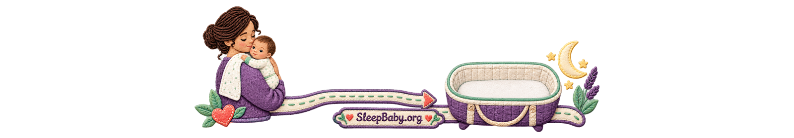 Transparent SleepBaby textile rail moves from an awake supported baby in a caregiver’s arms along a level handoff path to an empty flat bassinet under a moon.
