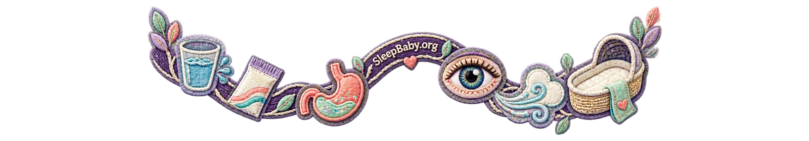 Transparent SleepBaby textile rail links a water cup, unreadable sachet, stomach, open eye, calm exhale, and empty bassinet to show relief without sedation.