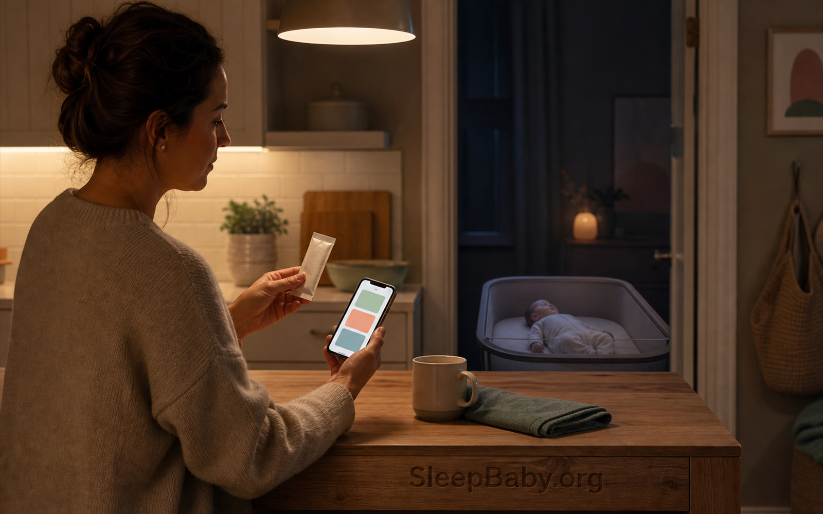 A caregiver compares an unreadable infant-medicine sachet with three colored note blocks on a phone while a baby sleeps on their back in an empty flat bassinet through the doorway.