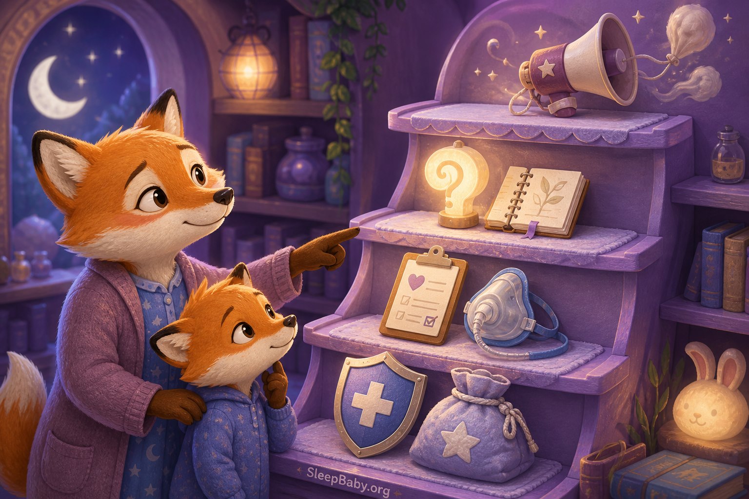 Parent and child fox examine a four-level evidence shelf holding emergency, prescription, research, and marketing symbols.