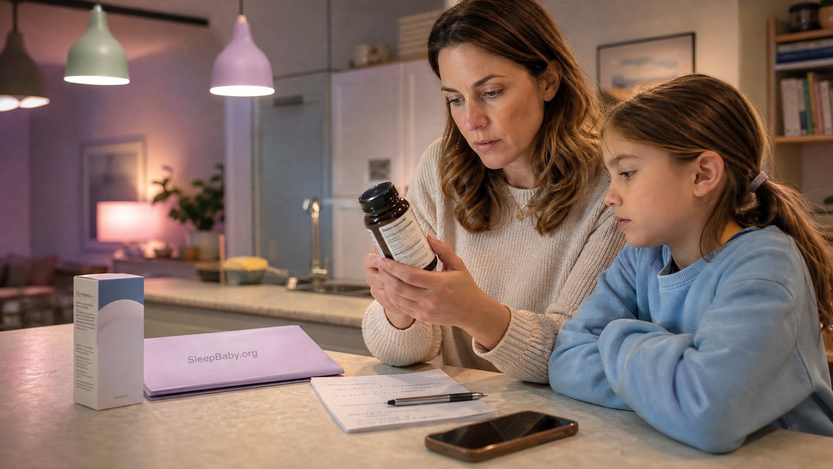 Parent reads an NAC supplement label beside her school-age child before opening the bottle.
