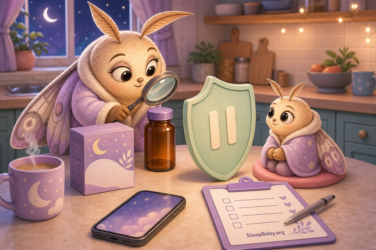 Parent moth inspects an unopened supplement bottle beside a pause shield, phone, and question checklist while a child moth waits.