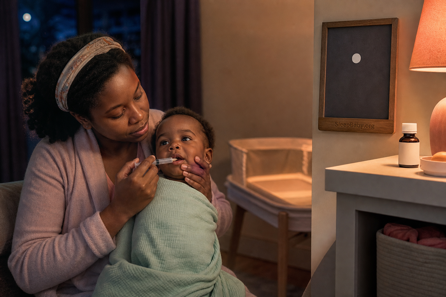A mother slowly gives liquid medicine along an awake baby's inner cheek beside a recapped bottle, written time, and empty bassinet.