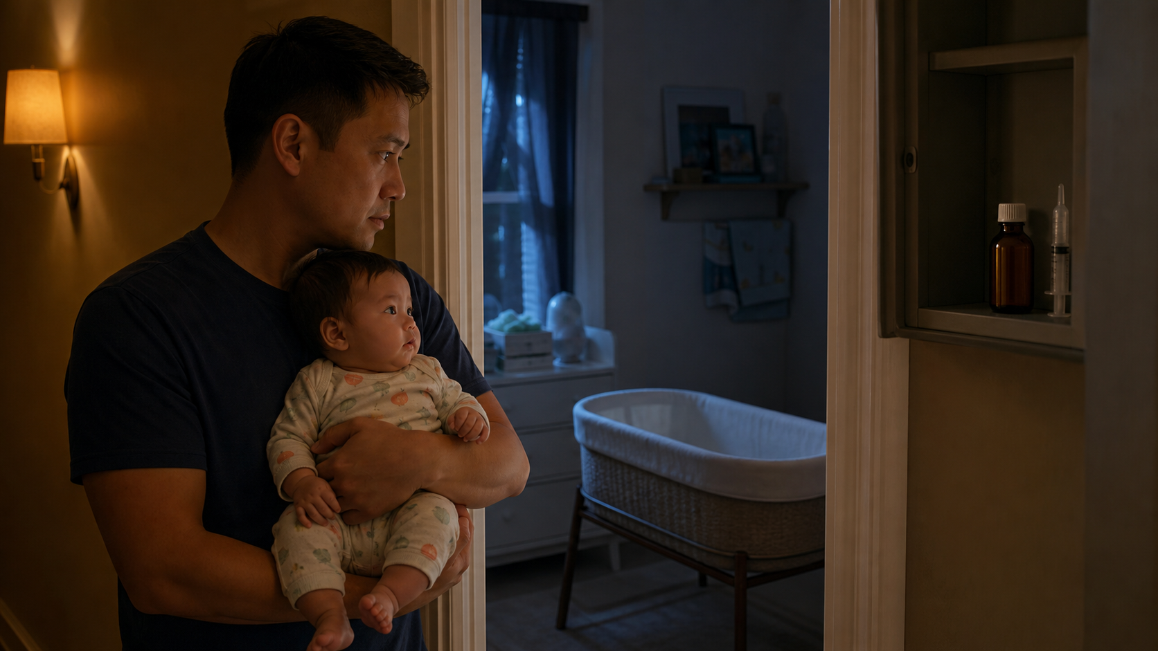 Father holds an awake baby between a high medicine cabinet and an empty bassinet at night.
