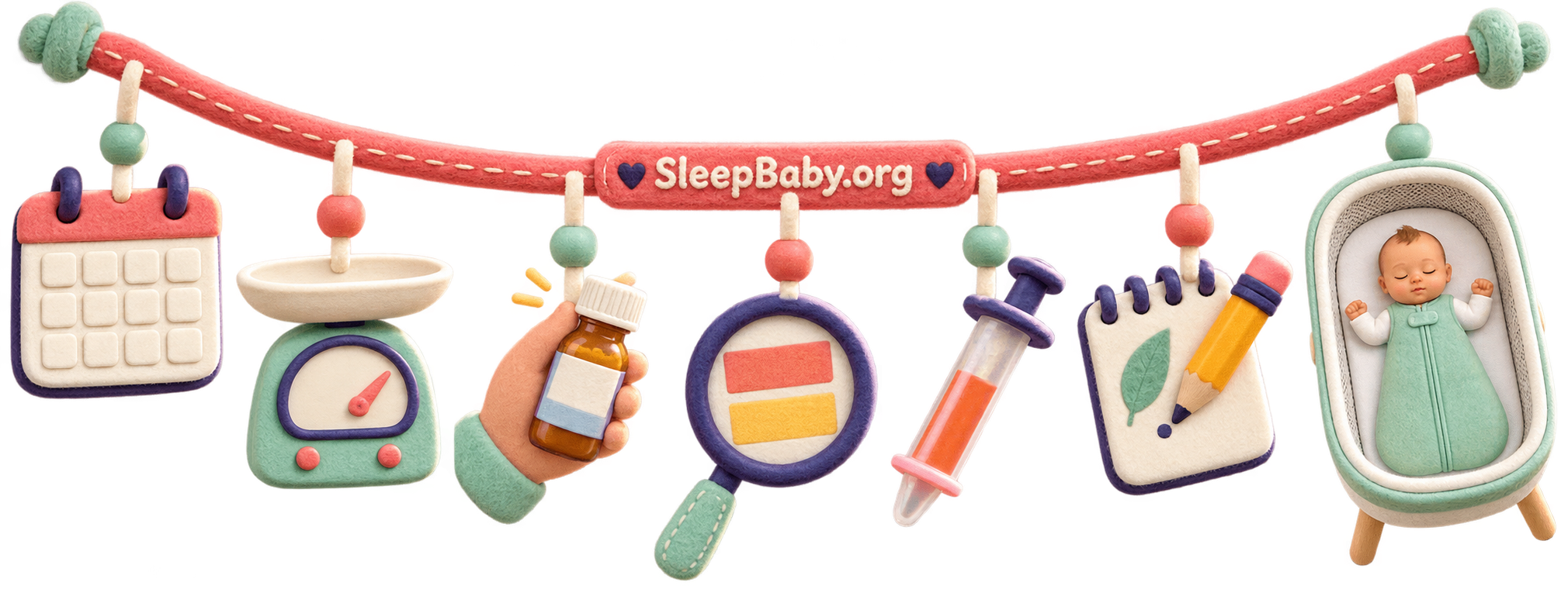 A transparent checklist rail connects age, weight, the bottle label, supplied syringe, written time, and a bare back-sleep bassinet.