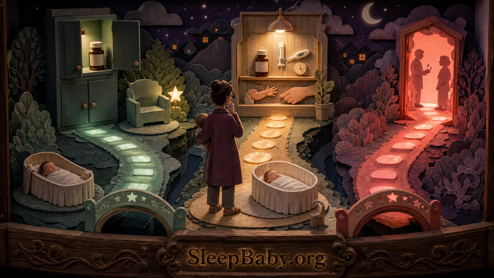 A miniature night map splits the parent's next step into safe sleep, careful medicine use, and urgent help.