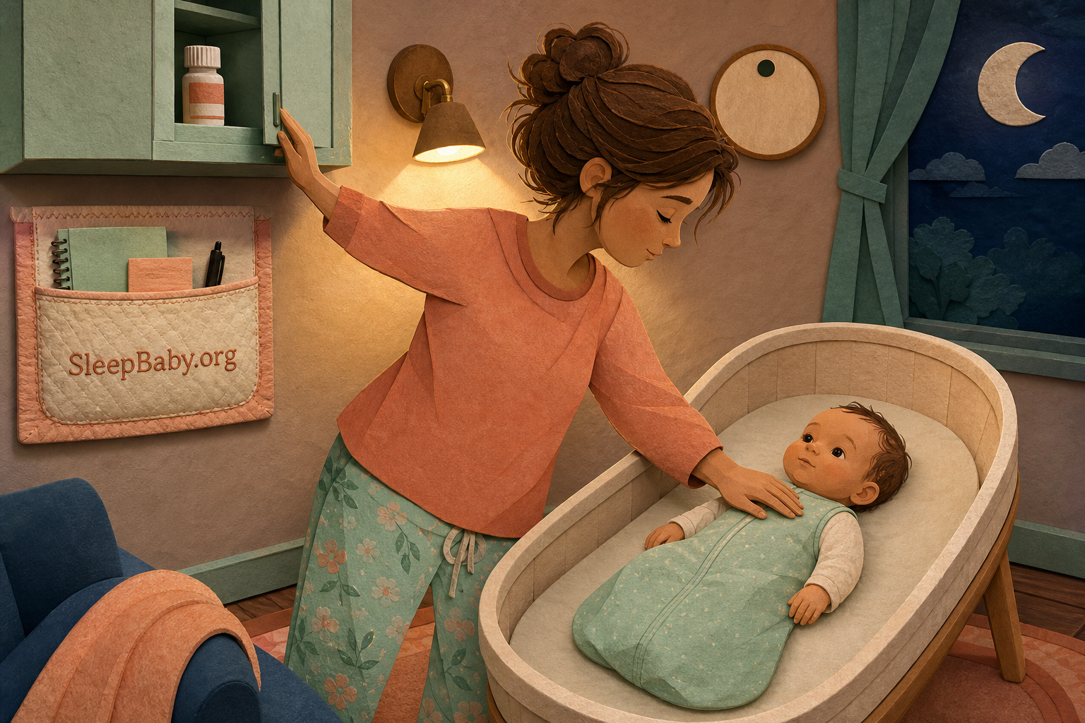 A caregiver secures a recapped bottle, checks an awake baby's response, and faces a clear nighttime bassinet.